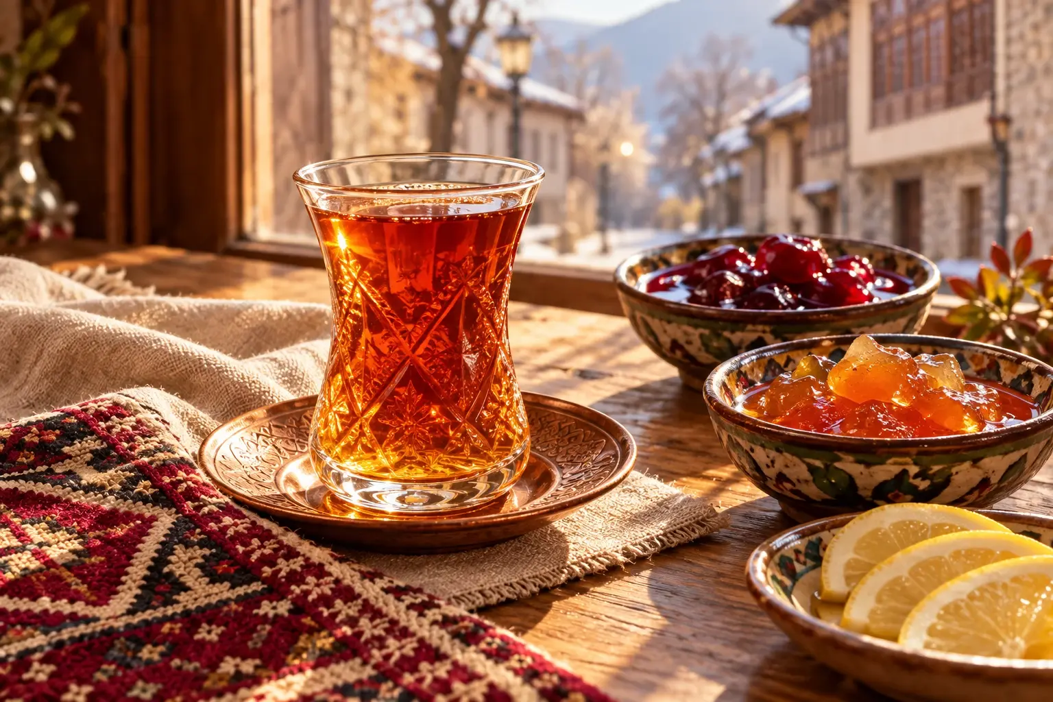 Чай с вареньем на фоне старинных улиц Шеки