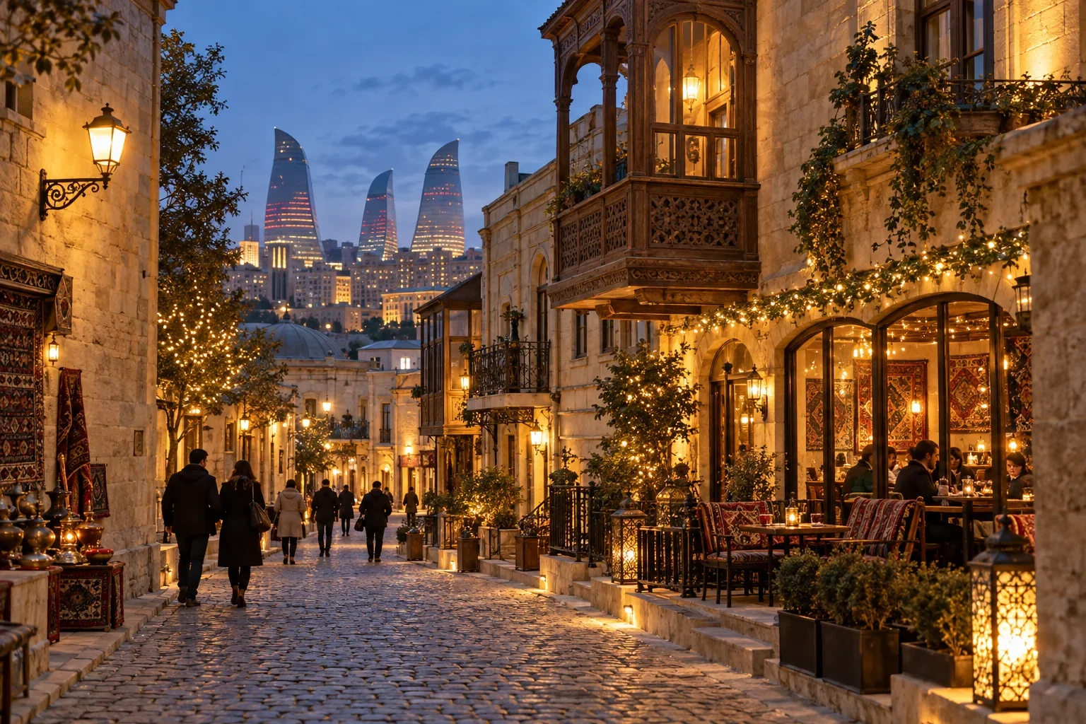 Вечерние огни Старого города Баку