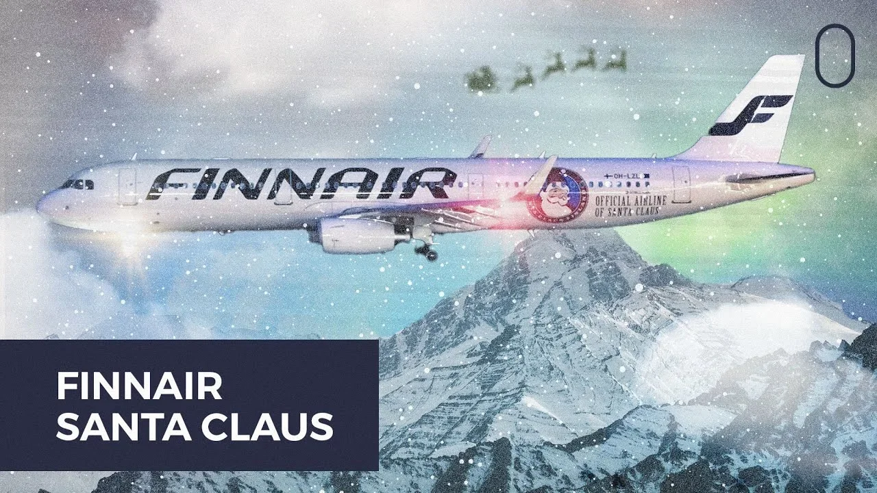 Самолёт Finnair над зимним пейзажем в рекламном изображении